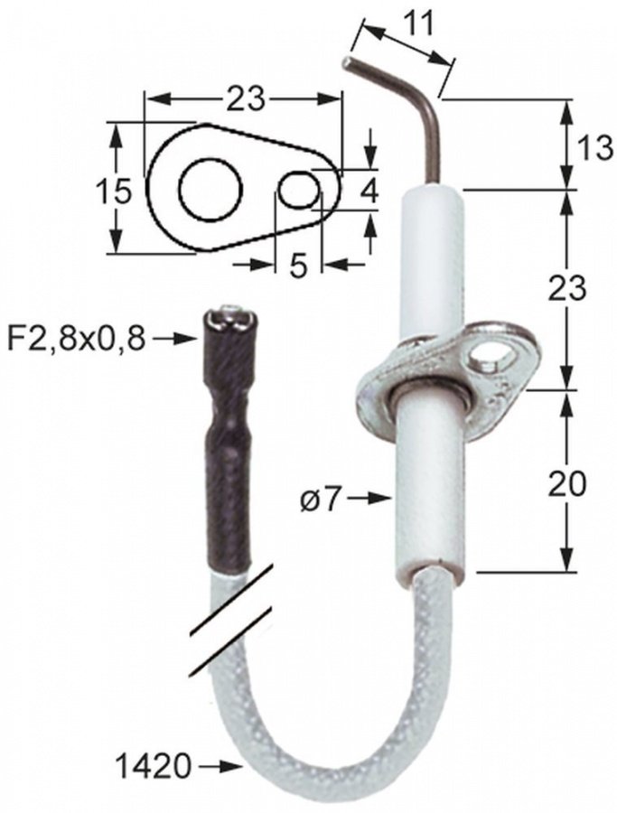 Electrod de aprindere ø 7 mm, flansa 23 x 15 mm, cablu 1420 mm - 100726