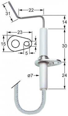 Electrod de aprindere ø 7 mm, flansa 23 x 15 mm, cablu 1400 mm - 100727