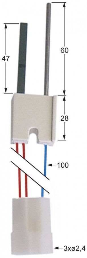 Electrod de aprinere si control prezenta flacara WR 768A200 inlocuieste WR 768G213, L1 47 mm, L2 60 mm, cablu 10 cm - 100730