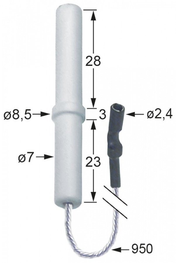 Electrod de aprindere ø 7 / 8,5 mm, lungime cablu 950 mm, conector cilindric ø 2,4 mm - 100746