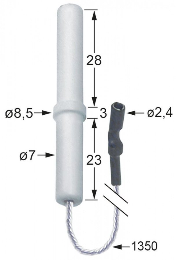 Electrod de aprindere ø 7 / 8,5 mm, lungime cablu 1350 mm, conector ø 2,4 mm - 100747