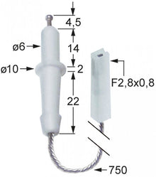 Electrod de aprindere ø 6 / 10 mm, conector 2,8 x 0,8 mm, cablu 750 mm - 100754