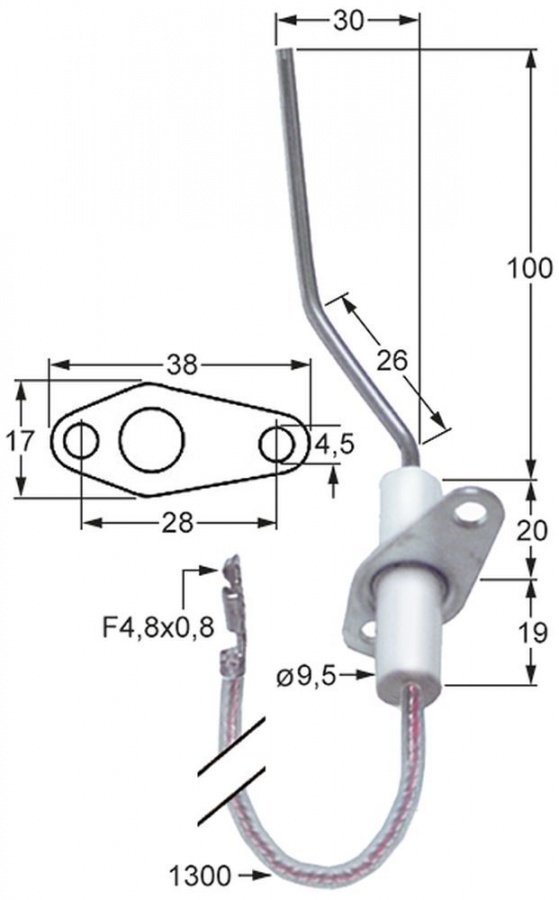 Electrod ø 9,5 mm, cu cablu 1300 mm - 100780
