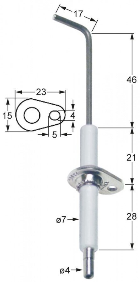 Electrod de aprindere ø 7 mm, flansa 23 x 15 mm, conector ø 4 mm - 100796