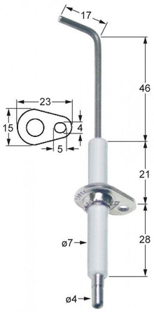 Electrod de aprindere ø 7 mm, flansa 23 x 15 mm, conector ø 4 mm - 100796