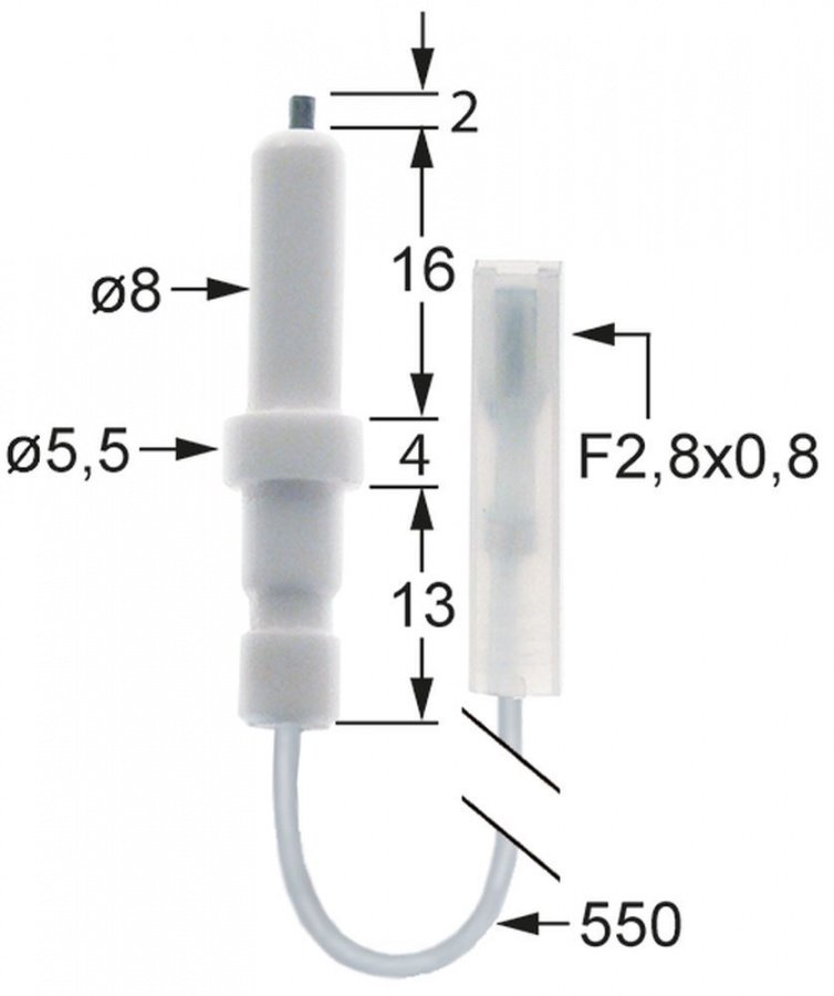 Electrod de aprindere ø 5 / 8 mm, cu fir 650 mm, conector 2,8 x 0,8 mm - 100808