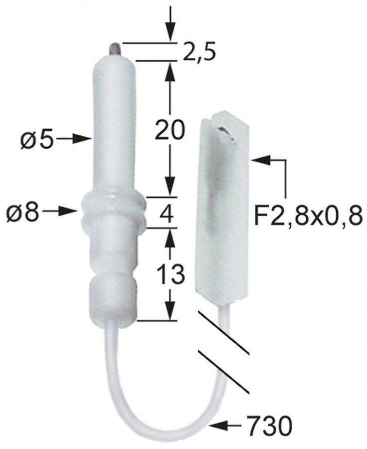 Electrod de aprindere ø 5 / 8 mm, cablu 730 mm, conector 2,8 x 0,8 mm - 100826