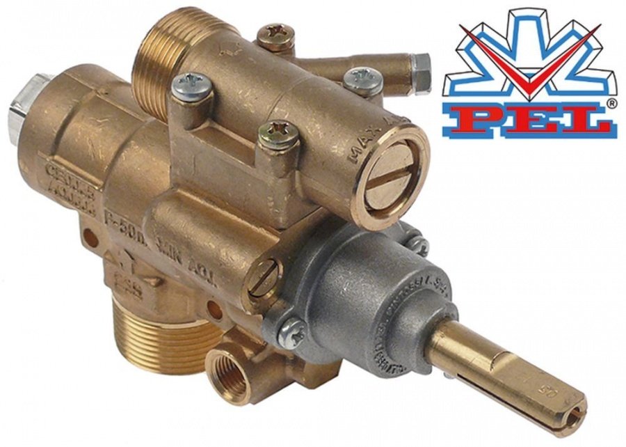 Robinet de gaz PEL23S/O, intrare M28x1,5 mm, iesire M24x1,5 mm, racord termocupla M9x1 mm, ax 10x8 mm, L  ax 35 mm - 101091