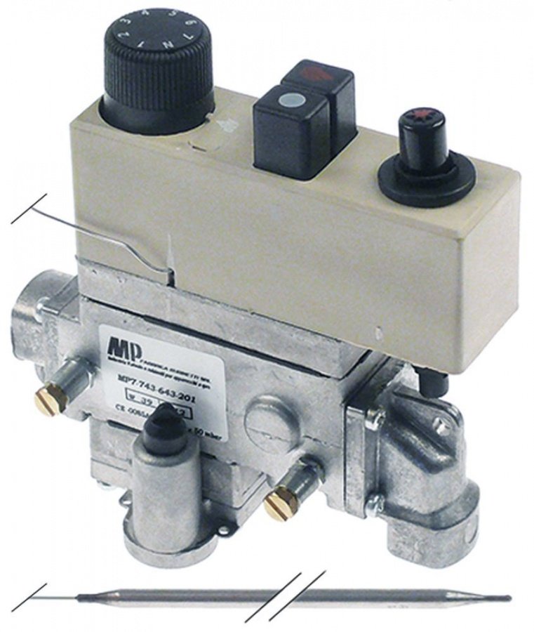 Valva de gaz termostatica MP-Junkers 7743-643-201, reglabil 135-200°C, bulb ø 6 x 220 mm, capilar 920 mm, racorduri 3/8" - 101177