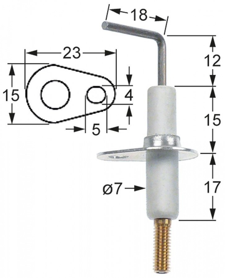 Electrod de aprindere, lungime flansa 23mm, latime flansa 15mm, D1 ø 7mm, L1 - 12mm, L2 - 18mm - Cod 101782