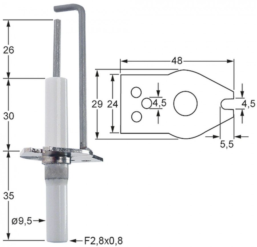 Electrod de aprindere, latime flansa 1 : 29mm, latime flansa 2 : 20mm, D1 Ø 9,5 mm, L1  26mm, BL1 30mm - Cod 101783