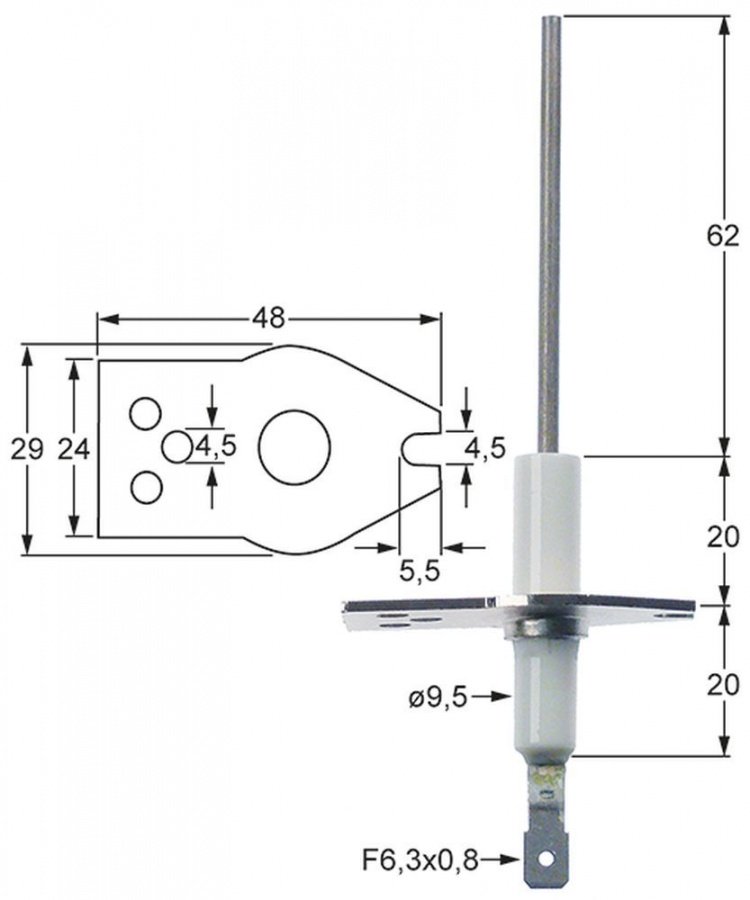 Electrod de aprindere lungime flansa 48mm, latime flansa 29mm, latime flansa 2 : 20mm, L1 62mm - Cod 101784