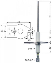 Electrod de aprindere lungime flansa 48mm, latime flansa 29mm, latime flansa 2 : 20mm, L1 62mm - Cod 101784
