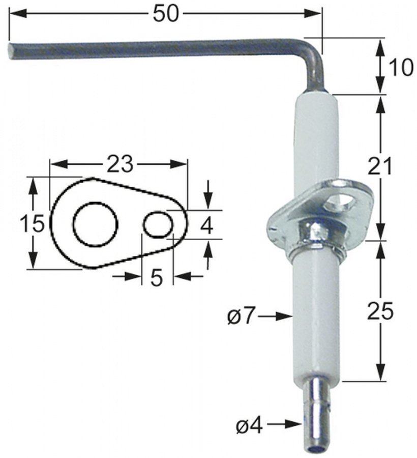 Electrod de aprindere, lungime 23mm, latime flansa 15mm, D1 ø7mm, L1 - 10mm, L2 - 50mm - Cod 101789