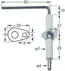 Electrod de aprindere, lungime 23mm, latime flansa 15mm, D1 ø7mm, L1 - 10mm, L2 - 50mm - Cod 101789