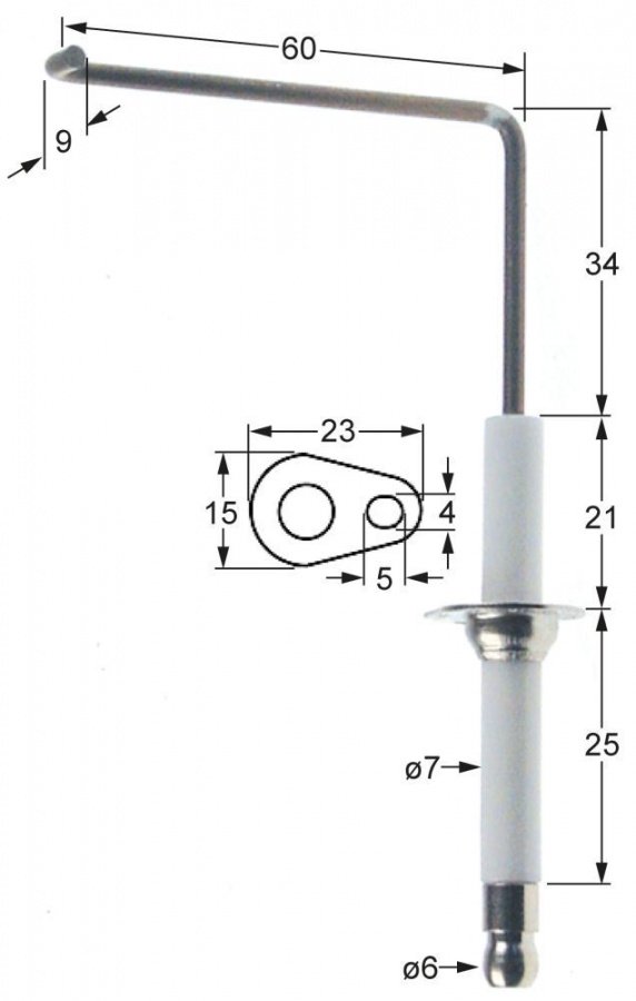 Electrod de aprindere, lungime flansa 23mm, latime flansa 15mm, D1 ø 7mm, L1 - 34mm, L2 - 60mm, L3 - 9mm - Cod 101790 