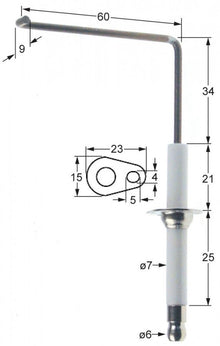 Electrod de aprindere, lungime flansa 23mm, latime flansa 15mm, D1 ø 7mm, L1 - 34mm, L2 - 60mm, L3 - 9mm - Cod 101790 