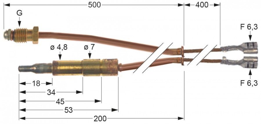 Termocupla intrerupta L 500 mm, cap ø 4,8 mm, filet racord M9x1, cablu 400 mm - 102115