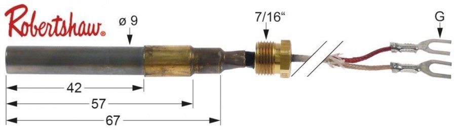 Termopila - generator termoelectric 750 mV, ø 9 x 65 mm, filet 7/16" - 102116