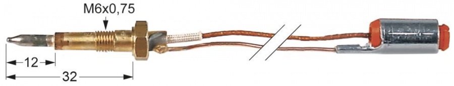Termocupla cu 2 conductori L 750 mm, filet M6, cu mufa - 102152