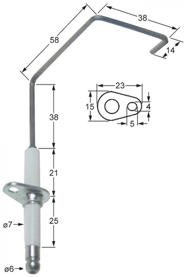 Electrod de aprindere, lungime flansa 23mm, latime flansa 15mm, D1 ø 7mm, L1 - 38mm, L2 - 58mm, L4 - 14mm - 102167