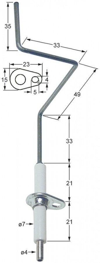 Electrod de aprindere, lungime flansa 23mm, latime flansa 15mm, D1 ø 7mm, L1 - 37mm, L2 - 55mm, L4 - 38mm - Cod 102168