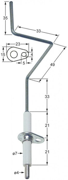 Electrod de aprindere, lungime flansa 23mm, latime flansa 15mm, D1 ø 7mm, L1 - 37mm, L2 - 55mm, L4 - 38mm - Cod 102168