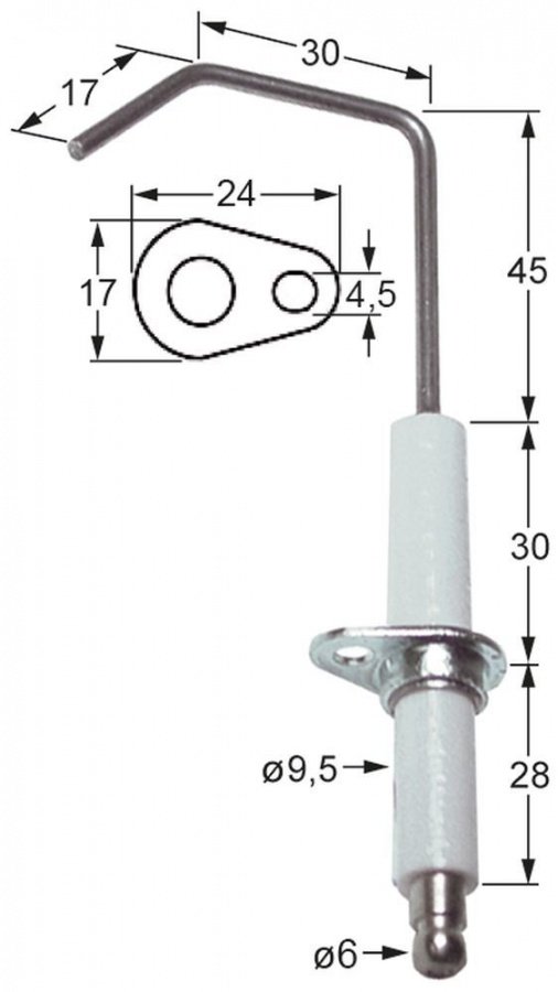Electrod de aprindere, lungime flansa  24mm, latime flansa 17mm, D1 ø 9,5 mm, L1 45mm, L2 30mm - Cod 102169