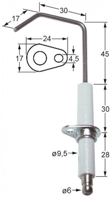 Electrod de aprindere, lungime flansa  24mm, latime flansa 17mm, D1 ø 9,5 mm, L1 45mm, L2 30mm - Cod 102169