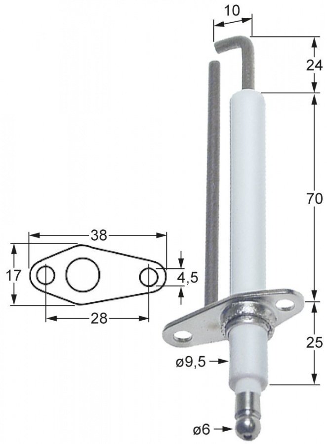 Electrod de aprindere, flansa 38 x 17mm, diam. ø 9,5mm - 102268