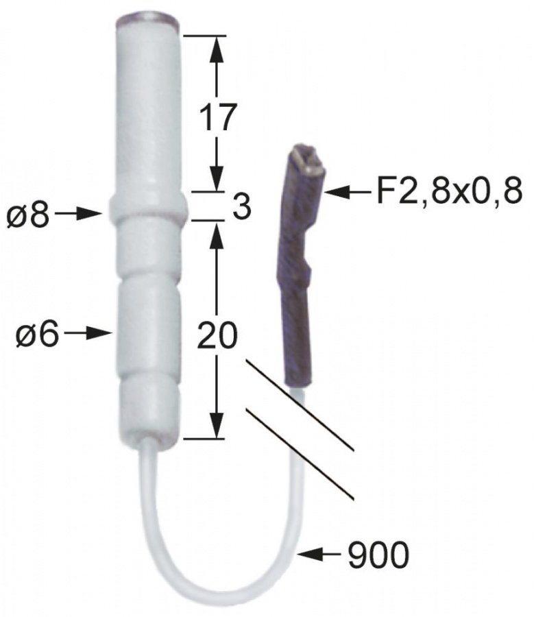 Electrod de aprindere D1 ø 6mm, D2 ø 8mm, BL1 17mm, BL2 3mm, BL3 20mm conexiune F 2,8x0,8mm - Cod 102312