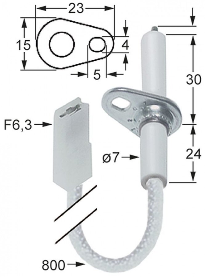 Electrod de aprindere, lungime flansa 23mm, latime flansa 15mm, D1 ø 7mm, L1 - 5mm, BL1 - 30mm - 102316
