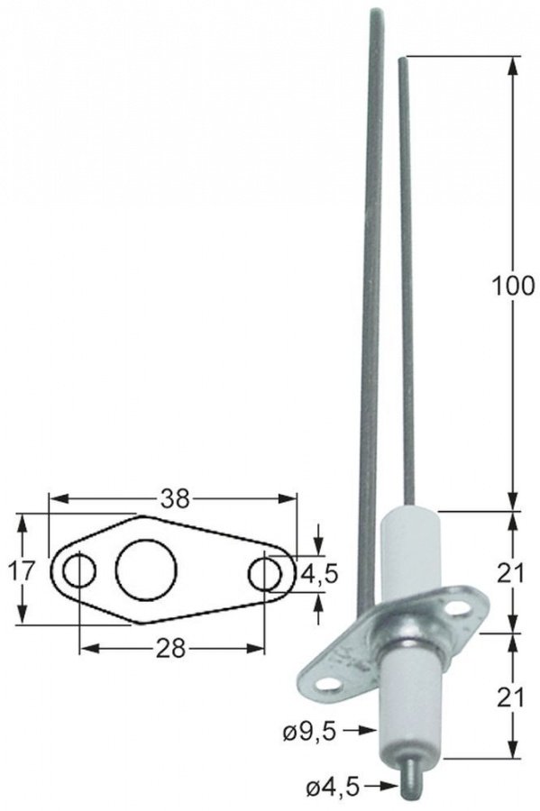 Electrod de aprindere cu 2 tije, ø 9,5 mm, flansa 17 x 38 mm - 102322