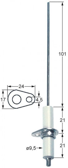 Electrod de aprindere, flansa 24 x 17 mm, D1 ø 9,5 mm, L1 101 mm - 102323