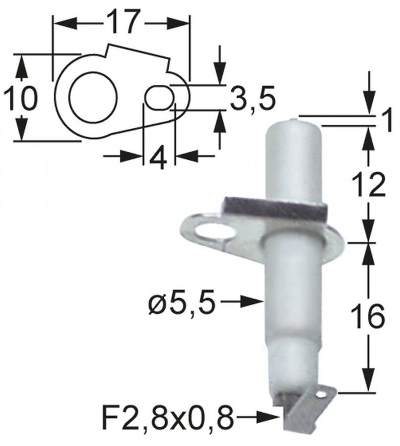 Electrod de aprindere, lungime flansa 17mm, latime flansa 10mm, D1 ø 5,5 mm, L1 1mm, BL1 12mm - 102326