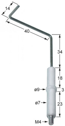 Electrod de aprindere, D1 ø 7mm, D2 ø 9mm, L1 34mm, L2 40mm, L3 14mm, BL1 18mm, BL2 3mm, BL3 23mm - Cod 102331
