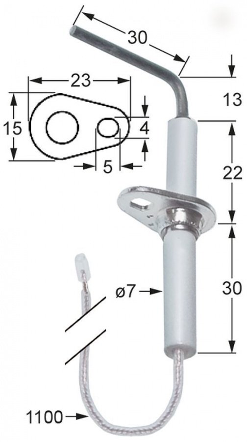 Electrod de aprindere, lungime flansa 23mm, latime flansa 15mm, D1 ø 7mm, L1 - 13mm, L2 - 30mm - 102335