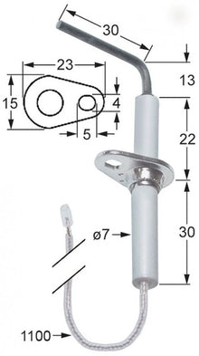 Electrod de aprindere, lungime flansa 23mm, latime flansa 15mm, D1 ø 7mm, L1 - 13mm, L2 - 30mm - 102335