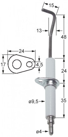 Electrod de aprindere, lungime flansa 24mm, latime flansa 17mm,  D1 ø 9,5 mm, L1 48mm,  L2 13mm - 102342