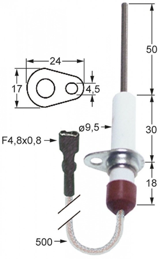 Electrod de aprindere, lungime flansa 24mm, latime flansa 17mm, D1 ø 9,5 mm, L1 50mm, BL1 30mm - 102345