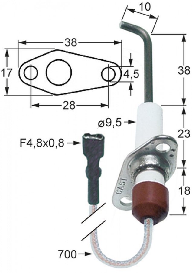 Electrod de aprindere, lungime flansa 38mm, latime flansa 17mm, D1 ø 9,5mm, L1 - 38mm, L2 - 10mm - 102349