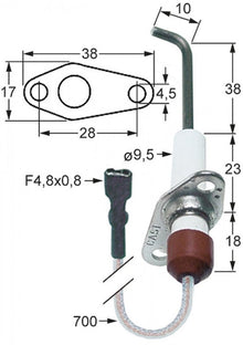 Electrod de aprindere, lungime flansa 38mm, latime flansa 17mm, D1 ø 9,5mm, L1 - 38mm, L2 - 10mm - 102349