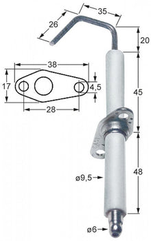Electrod de aprindere, lungime flansa 38mm, latime flansa 17mm, D1 ø 9,5mm, L1 - 20mm, L2 - 35mm - 102351