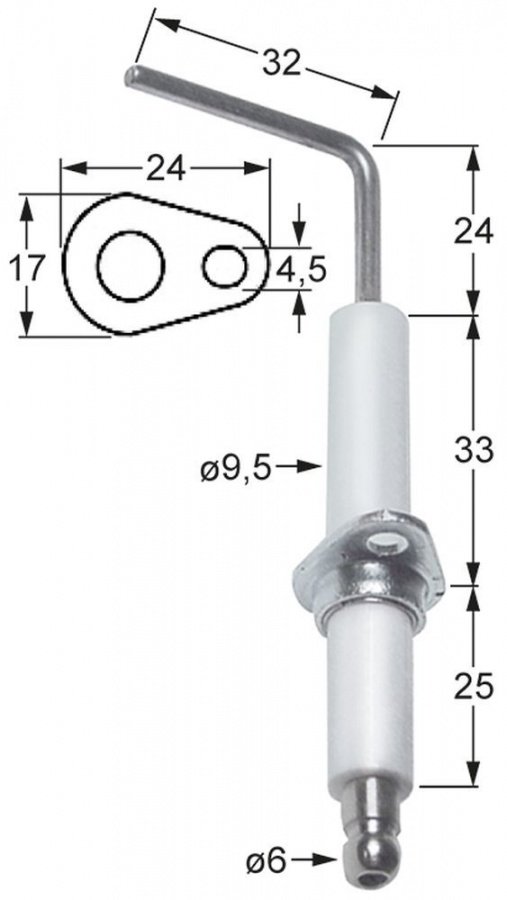 Electrod de aprindere, flansa L 24 x 17 mm, D1 ø 9,5 mm, L1 24 mm, L2 32 mm - 102360