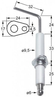 Electrod de aprindere, flansa L 24 x 17 mm, D1 ø 9,5 mm, L1 24 mm, L2 32 mm - 102360