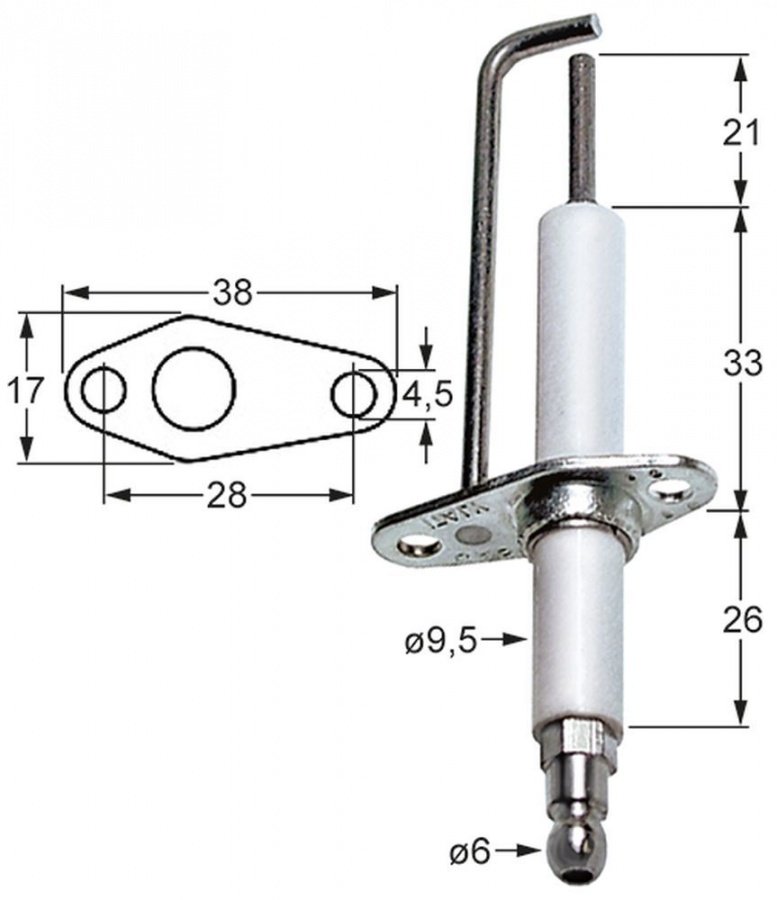 Electrod de aprindere, lungime totala 104 mm, ø 9,5 X 60 mm, flansa 38 x 17mm - 102362