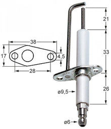 Electrod de aprindere, lungime totala 104 mm, ø 9,5 X 60 mm, flansa 38 x 17mm - 102362