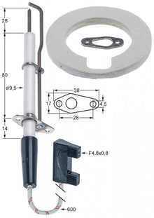 Electrod de aprindere ø 9,5x117 mm, flansa 38x17 mm, cu cablu 600 mm - 102883