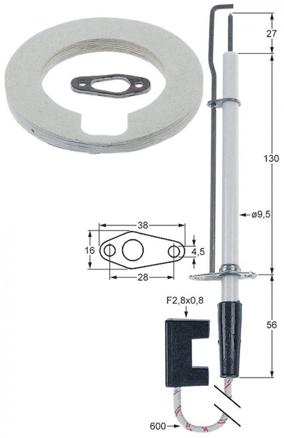 Electrod de aprindere, flansa 38 x 17 mm, ø 9,5 mm, cablu 600 mm - 102884