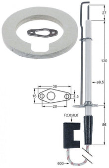 Electrod de aprindere, flansa 38 x 17 mm, ø 9,5 mm, cablu 600 mm - 102884